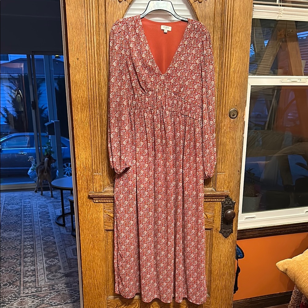 Anthropologie red V-Neck Bishop Sleeve Sundress